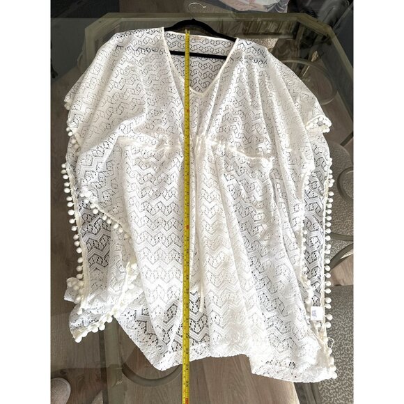 White Crochet Kimono Cover-Up With Pom Pom Trim One Size 100% Polyester Made In - Picture 7 of 7